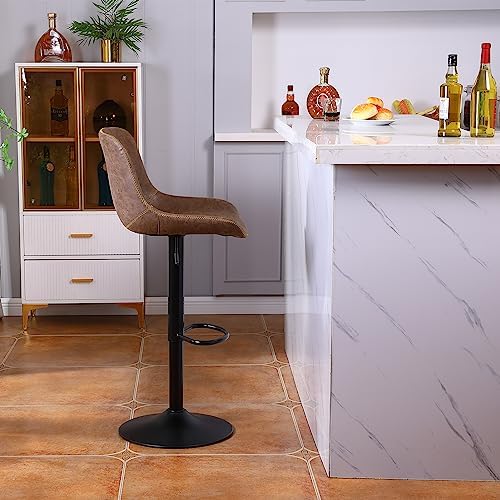 Swivel Bar Stools Set 2, Adjustable Height Suede-Like Leather Brown