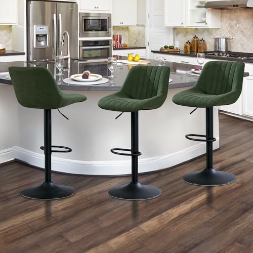 Barstools Set of 3, Adjustable PU Leather Swivel Bar Height Stools with Back, Armless Upholstered Counter Height Stools, Modern Adjustable Bar Chairs for Kitchen Island/Cafe/Dining Green