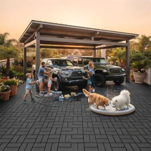 plastic interlocking deck tiles, 44 pack, 12" x, front angle view