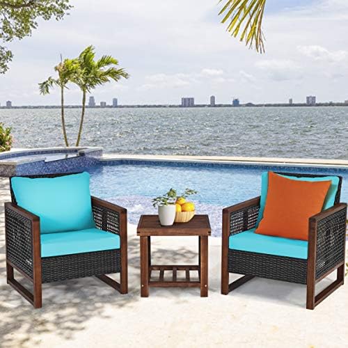 Tangkula 3 Pieces Patio Wicker Furniture Set, Rattan Outdoor Sofa Set w/Washable Cushion & Acacia Wood Coffee Table, Conversation Bistro Set for Garden Balcony Backyard (Turquoise)