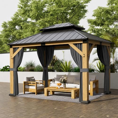 Jocoevol 10' X 12' Wood Gazebo Cedar Wooden Hardtop with Curtains & Netting