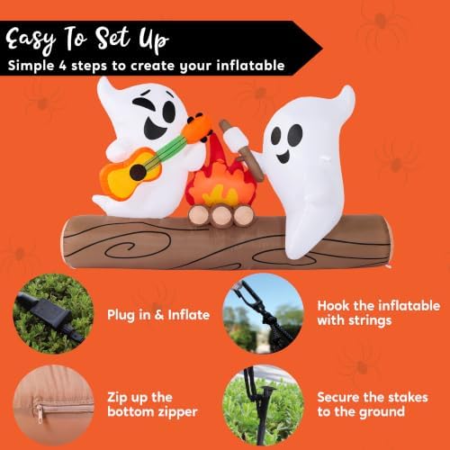 Joiedomi 6ft Long Halloween Inflatable Ghost Outdoor Decoration, Cute Blow Up Ghost Roasts Cotton Candy Over Campfire with LED, Halloween Blow Up Yard Decoration for Holiday Party Garden Lawn Decor