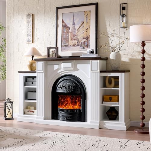Farmhouse Electric Fireplace with Mantel, 76" Fireplace TV Stand Entertainment Center for TVs up to 90'', Fireplace Heater Media Console, 30" Fire Place Insert Heater for Living Room, Bedroom