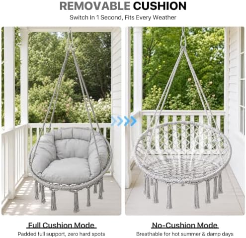 Athena Collection Hammock Chair with Hardware Kit & & Cozy Cushion, Gray