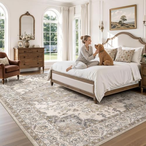 8x10 Area Rugs for Living Room: Washable Soft Brown Neutral Rug