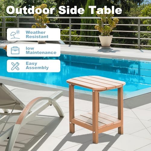 Adirondack Outdoor Side Table, 16.5” HDPE Small Patio Table with Storage Shelf, Weather Resistant End Table for Porch, Pool & Yard (Teak)