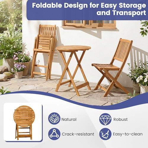 GIANTEX 3 Pieces Acacia Wood Bistro Set, Outdoor Folding Table & Chairs