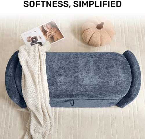 Oval Ottoman Bench with 20 Gal of Storage Space Upholstered Chenille Seat End of Bed Storage Bench Storage Ottoman with Storage for Bedroom, Living Room, Entryway, Window(Blue)