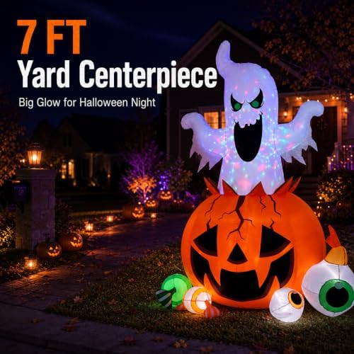 8FT Halloween Inflatable Ghost Pumpkin with Colorful LED Lights Yard Decor