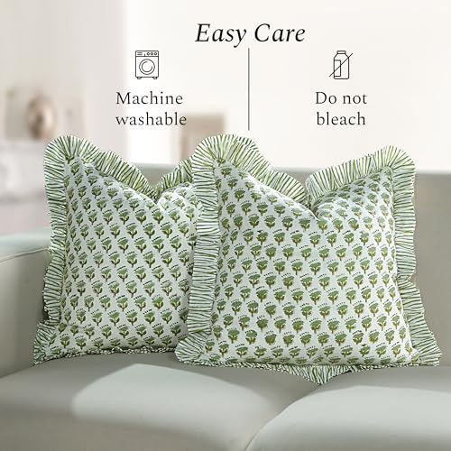CPC Block Print Ruffle Throw Cover Emerald Green 20"x20" Inch Pack of 2-100% Cotton Ruffle Couch Decorative Boho Pillows Case for Living Room, Bedroom, Sofa, Farmhouse Gift for Spring, Mother's Day