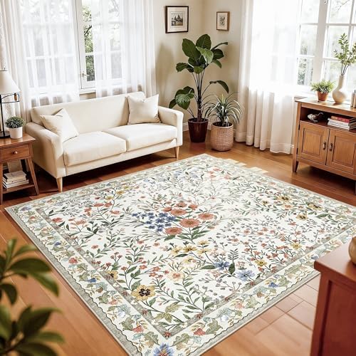 6x6 Washable Area Rug Living Room: Floral Non-Slip Washable Mat for Indoor Floor Dining Room Bedroom High Traffic Area - Soft Low Pile Carpet for Vintage Boho Home Decor (6ft Square, Beige)