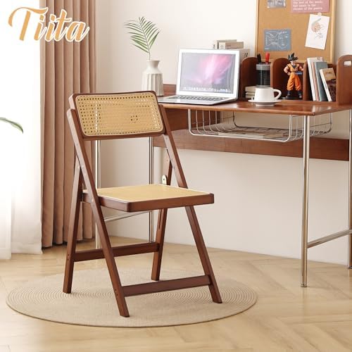 Tiita Rattan Folding Dining Chairs Set of 2, Bamboo Frame, Walnut
