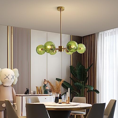 BOKT Green Glass Ball Pendant Light Mid Century Modern Gold 6-Lights Globe Sputnik Chandelier Light Fixture Brushed Brass Chandelier Pendant Light for Kitchen Island Dining Room