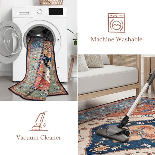 Lahome Area Rugs 9x12 Living Room - Boho Non-Slip Washable Rug Ultra-Thin Stain Resistant Large Carpet Throw Non Shedding Dining Room Mat, Oriental Print Carpet for Bedroom Adelyn (Rust, 9'x12')