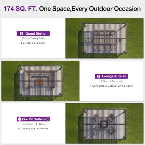 PURPLE LEAF 92KS Aluminum Pergola 11.5' x 15' with LED Strip Lights, Gray