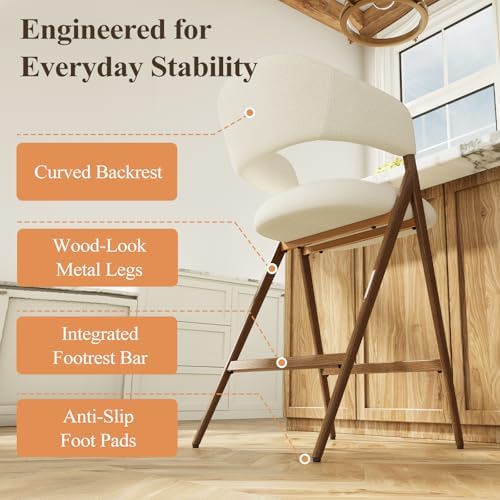 COLAMY Bar Stools Set of 2, 26" Counter Height Barstools with Backs, Modern Upholstered Bar Chairs with Metal Legs for Kitchen Island Counter, Dining Room, Beige
