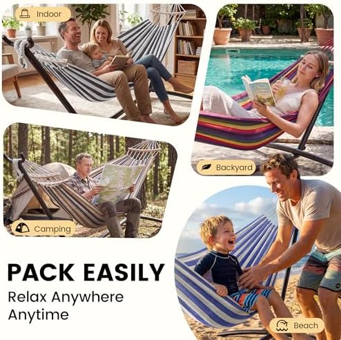 Everyfun Double Hammock with Stand for 2 Person, 600 lb Capacity, Rainbow