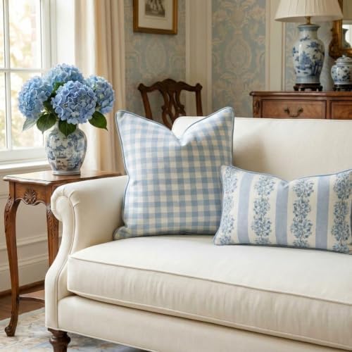 Jillien Harbor “The Charlie” Decorative Pillow Cover – Blue and White Accent Pillow Cover with Gingham-Inspired Design – Grandmillennial Home Decor, 20" x 20"