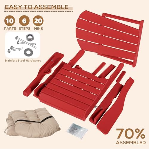 Adirondack Chair with Cushion & Cup Holder, HDPE Folding Adirondack Chair with Wood-Like Grain Outdoor Fire Pit Chairs for Patio/Porch/Swimming Pool/Camping