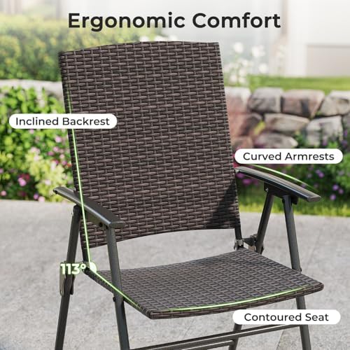 Tangkula Outdoor Folding Chairs Set of 2, Patio PE Wicker Dining Chairs with Armrests and Metal Frame, Portable Lawn Chairs for Garden, Porch, Balcony and Camping, Fully Assembled (1, Mix Brown)