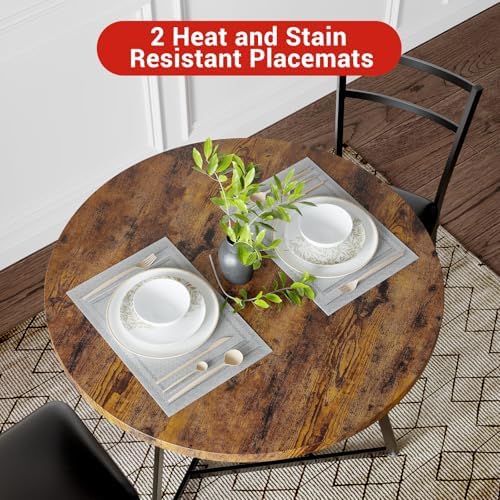 Garvee Dining Table Set for 2, Wooden Kitchen Table and Chairs of 2 with Upholstered Chairs, Round Kitchen Tables Set, 3 Piece Dining Room Table Sets for Small Space, Apartment, Rustic Brown