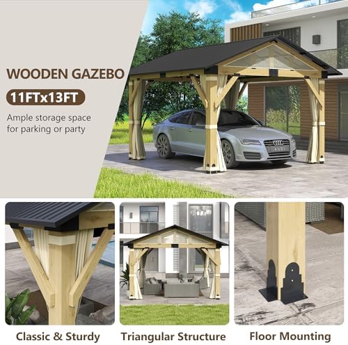 11'x13' Wood Gazebo, Outdoor Hardtop Gazebo, Cedar Frame Wooden Gazebos with Waterproof Steel Roof, Fit Patio, Backyard, Garden, Lawns, Porch (Curtains & Netting Included)
