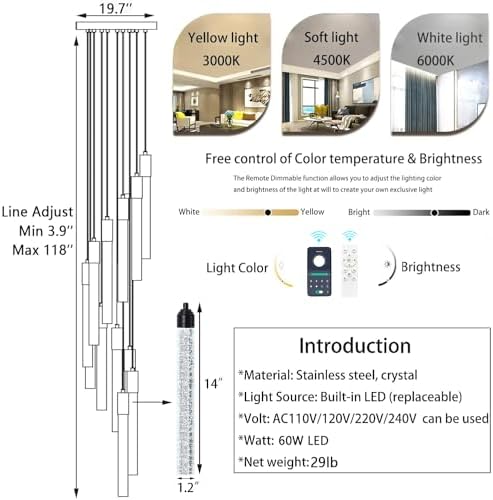12-Lights Modern Chandeliers for Entryway High Ceiling Chandelier LED Dimmable Long Lights Fixture Pendants Lighting Crystal Chandeliers for Hallway Foyer Living Room Black Finished Lighting