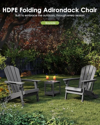 GREENVINES Folding Adirondack Chairs Set of 2 w/Cup Holder, HDPE, Grey