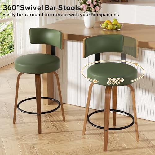 Swivel Bar Stools Set of 2, 26" Faux Leather Upholstered Counter Height Bar Stools with Back and Bentwood Legs, Mid Century Modern Bar Chairs Island Stools for Kitchen Counter, Green