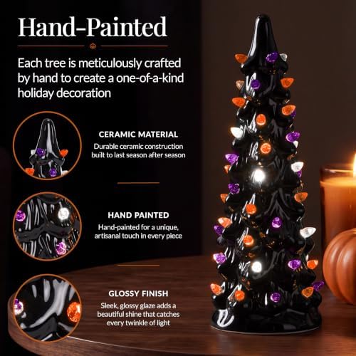 Best Choice Products 3Pc Ceramic Halloween Trees, Pre-Lit Hand Painted Pencil Holiday Tabletop Trees w/Orange Purple & White LED Lights