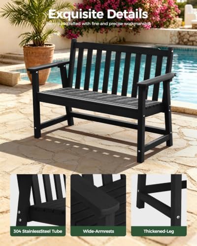 48" HDPE Weatherproof Outdoor Bench, Garden Porch Benches, Black