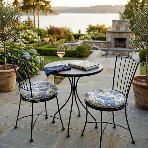 Barnett Home Decor 16" Round Bistro Cushion - Boutique Floral - Indoor/Outdoor: Fade, Weather, Stain Resistant - Latex Foam Fill (Blue - White)