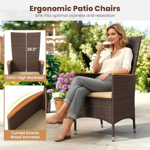 Tangkula High Back Rattan Patio Dining Chairs Set of 2, Outdoor Wicker Dinner Cushioned Chairs with Acacia Wood Armrests, Outside Bistro Chairs for Backyard, Porch, Balcony
