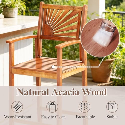 COSTWAY 29'' Outdoor Acacia Wood Bar Chairs Set of 2 with Back and Armrest