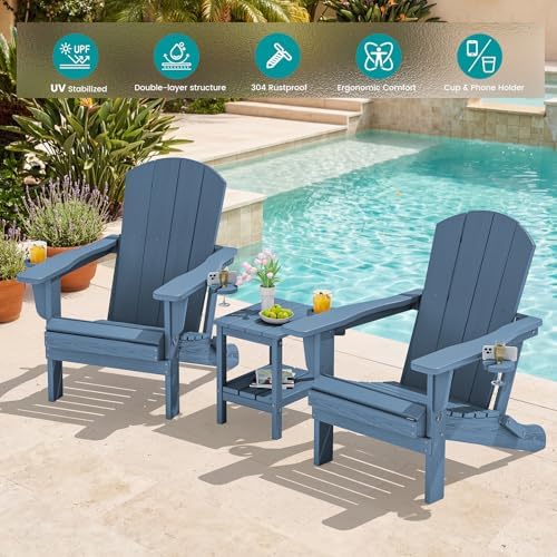 SERWALL Outdoor Adirondack Chair Set of 2 with 2 Cup Holders,Foldable,Blue