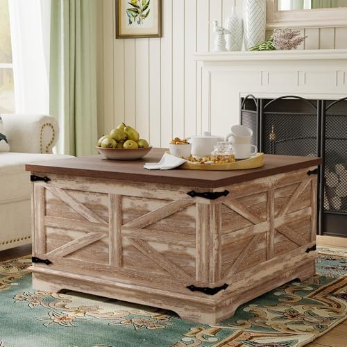 senlin Farmhouse Coffee Table, Heavy-Duty Coffee Table with Storage, Square Wood Center Table Set for Living Room with Pull Up Large Hidden Storage Compartment,Rustic Brown
