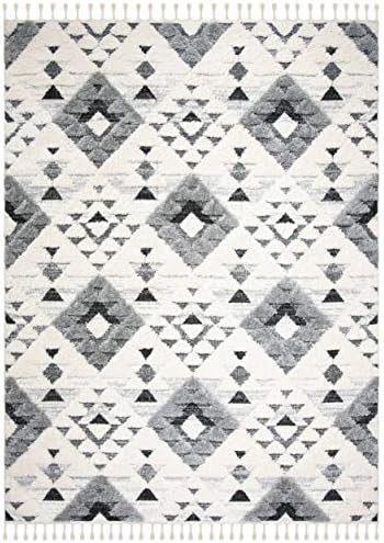 SAFAVIEH Area Rug 9x12 - Moroccan Tassel Shag Collection - Large - Ivory & Grey, Non-Shedding & Easy to Clean, Plush High-Low Texture, Ideal for Living Room, Bedroom, Dining Space (MTS688F)