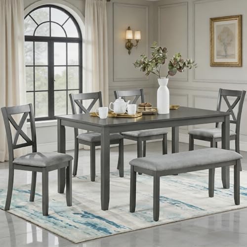 LUMISOL 6-Piece Dining Table Set with Bench, Farmhouse Solid Wood Kitchen Table Set with 4 Upholstered Chairs and Bench for Kitchen, Dining Room, Living Room, Grey