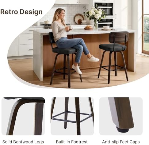 Swivel Bar Stools Set of 2, 26" Counter Height with Wooden Back, Black