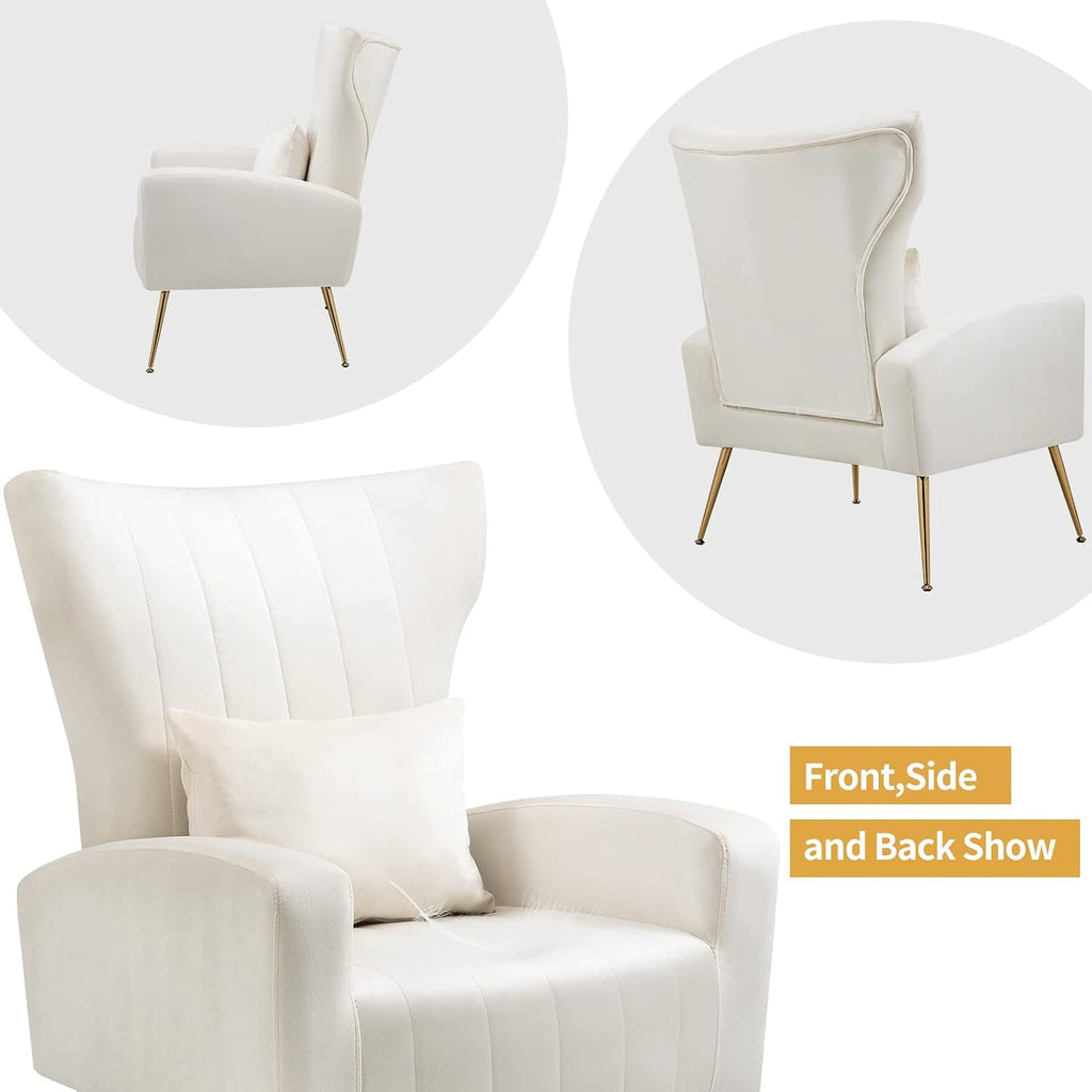 ZJhome Modern Living Room Chairs Velvet Accent Chair Armchair with Lumbar Pillow, High Back Bedroom Chairs Vanity Chair Barrel Chair Arm Chair with Gold Legs, White