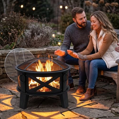 Fire Beauty 26" 2-in-1 Fire Pit with BBQ Grill, Spark Screen & Poker, Black