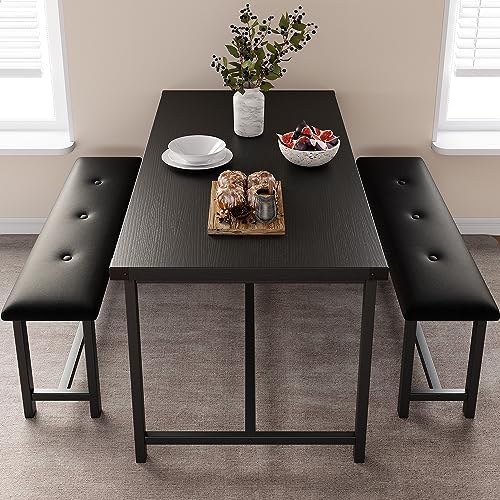 IDEALHOUSE Dining Table Set for 4, Kitchen Table with Upholstered Bench, 3 Piece Rectangular Dining Room Table Set with 2 Benches, for Small Space, Apartment, Studio, Home, Retro Black