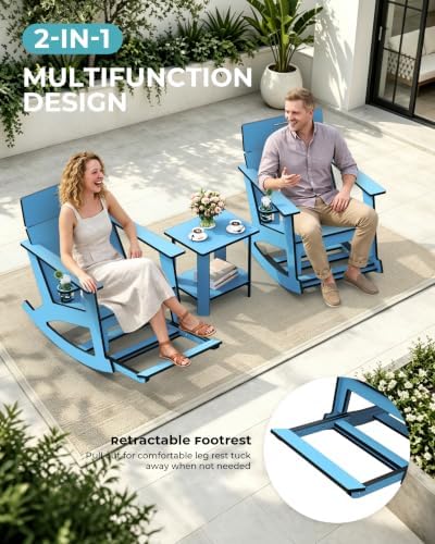 Ciokea Outdoor Rocking Chair with Pull-Out Footrest, Solid Backrest, Blue