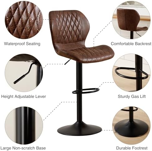 Bar Stools Set of 4, Modern Swivel Counter Height Barstools for Kitchen Island Chairs, Adjustable Fabric Bar Stools with Back for Kitchen Counter Bar, Brown