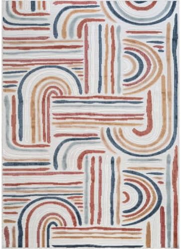 CAMILSON Indoor Outdoor Rug, Multicolor 10x14 Geometric Arch Striped Large Area Rugs for Patio and Home Areas, Easy-Cleaning Non-Shedding Living Room, Garden and Deck Washable Outside Carpet 10 x 14
