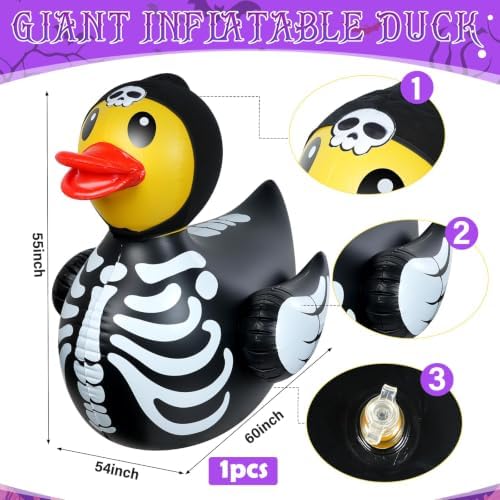 1Pcs 4.6 Feet Halloween Giant Inflatable Duck Outdoor Decorations,Huge Blow Up Yard Yellow Duck with Black Skeleton Bone Cloth Duck Pool Float for Indoor Halloween Party Garden Patio Lawn Decor