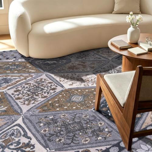 Vintage Washable Living Room Carpet 9x12, Moroccan Patchwork Rug, Dark Grey