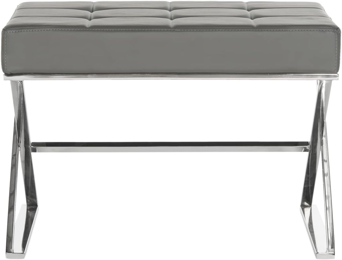 Safavieh Home Collection Micha Modern Glam Cream Tufted and Silver Steel Ottoman