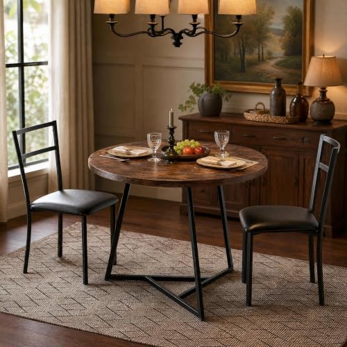 Garvee Dining Table Set for 2, Wooden Kitchen Table and Chairs of 2 with Upholstered Chairs, Round Kitchen Tables Set, 3 Piece Dining Room Table Sets for Small Space, Apartment, Rustic Brown