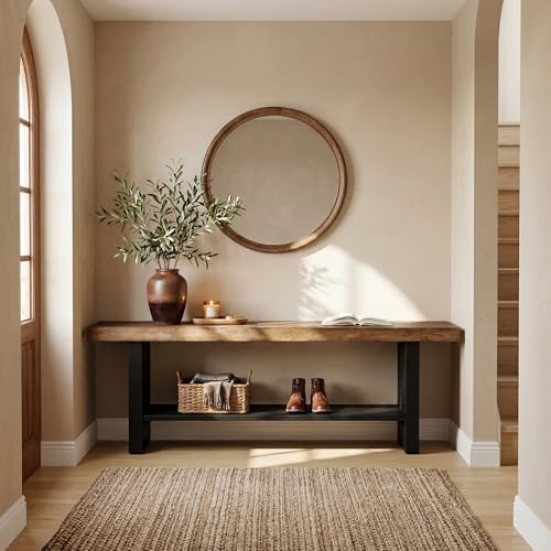 55" Solid Wood Bench with Shoe Storage, 2-Tier Farmhouse Entryway Bench, Narrow Rustic Brown Bench for Bedroom, Hallway